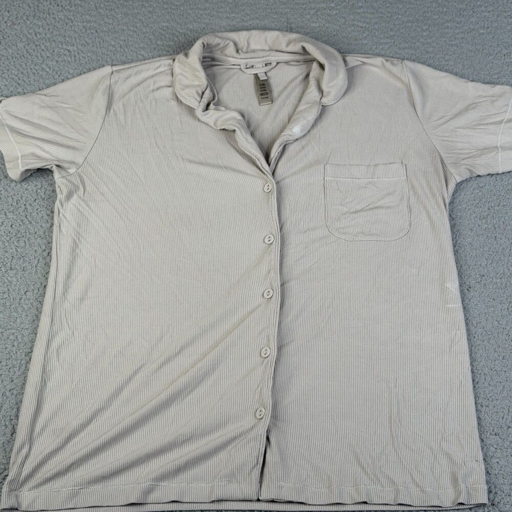 SKIMS Lounge Top Women Medium Beige Button Up Stretch Short Sleeve Ribbed Pajama